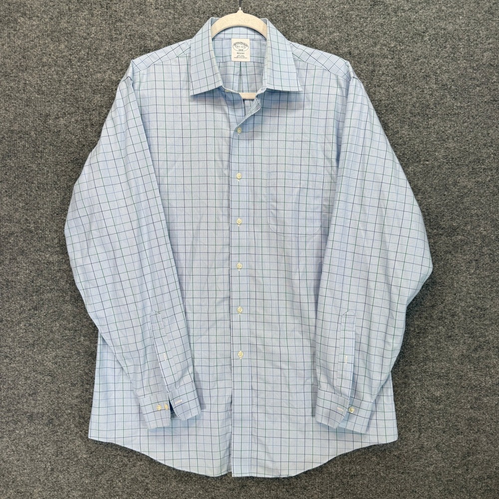 Brooks Brothers Regent Shirt Men 16.5 Blue Check NonIron Long Sleeve Button Down